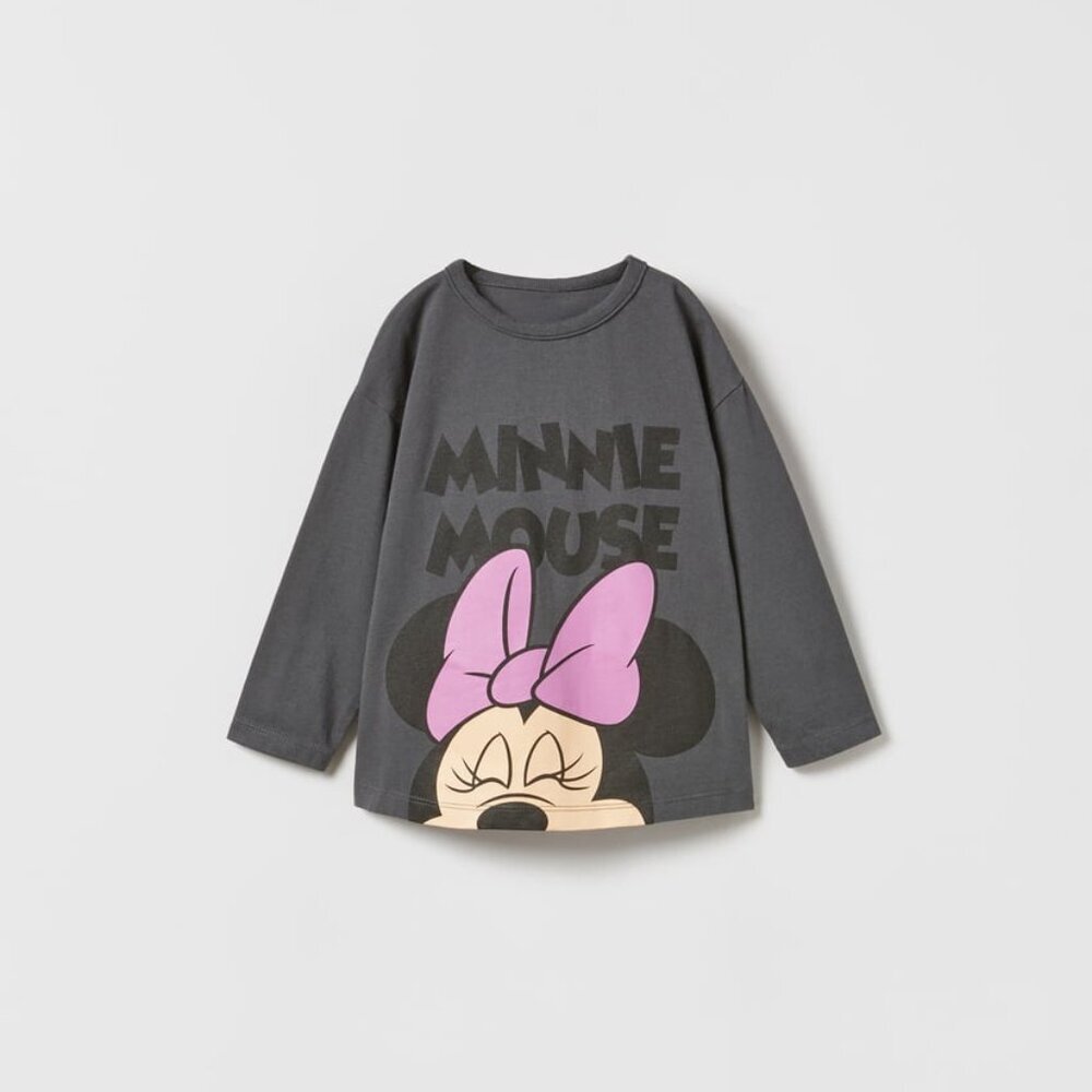 Zara Dark Gray Minnie Mouse Long Sleeve Tee with Pink Bow
